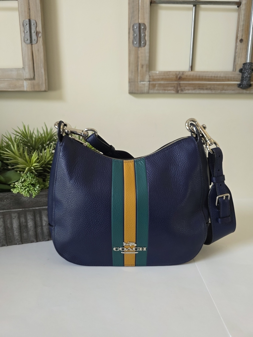 Coach Jes Hobo Cadet Multi Varsity Stripe Pebbled Leather Shoulder Bag